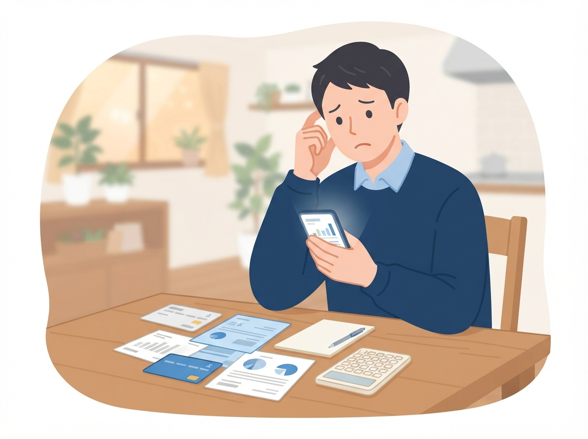 夜、自宅のテーブルにクレジットカードの明細と電卓を広げ、スマホを見ながら車のローンが通るか不安そうにしている男性