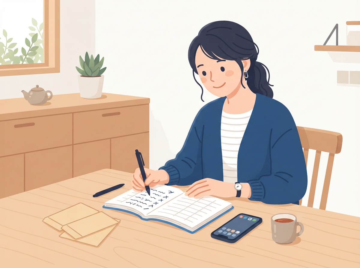 キッチンのテーブルで、借りている会社と毎月の返済をノートに書き出している女性