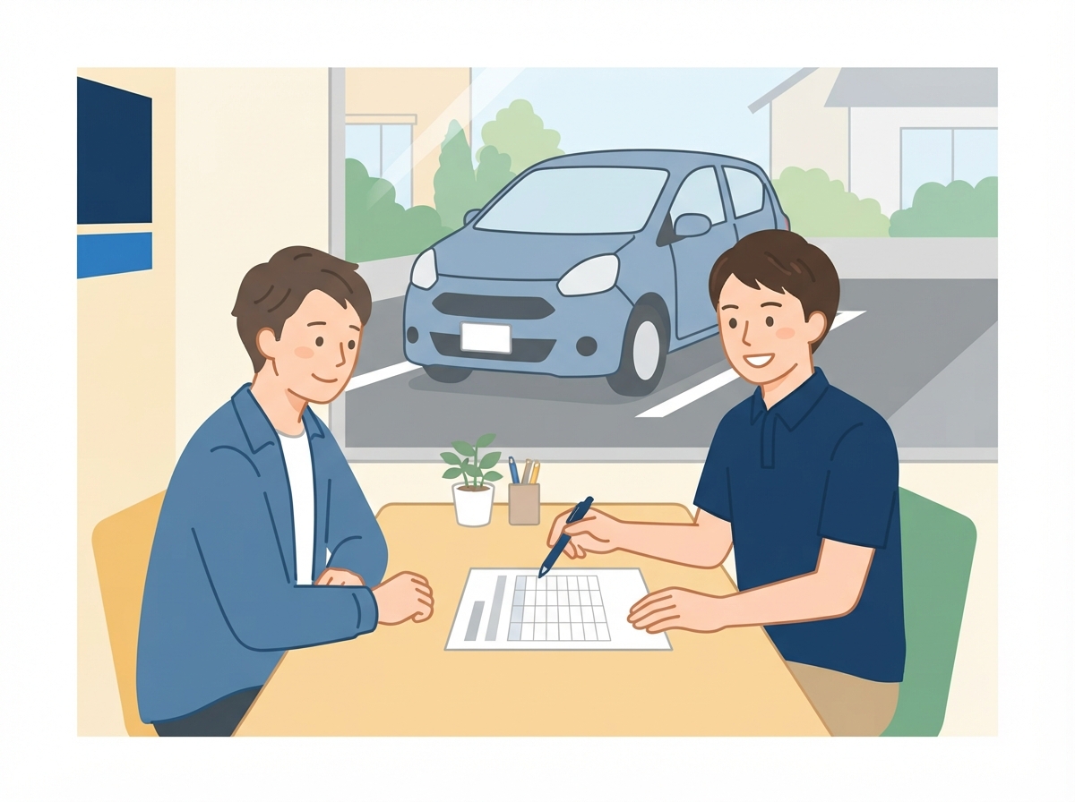 中古車店で、お店の人から毎月の支払いの計画を紙で説明してもらい、ほっとした様子の男性