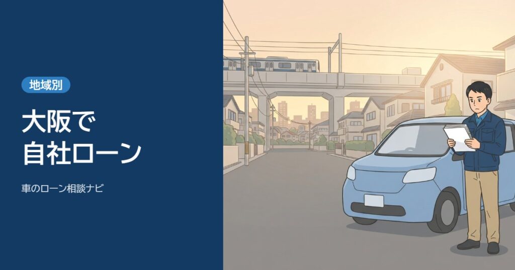 大阪で自社ローン。高架の線路が見える住宅地で男性が書類を見ている