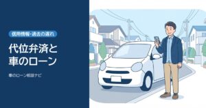 代位弁済と車のローン。スマホを手に、車の横で前を見ている男性