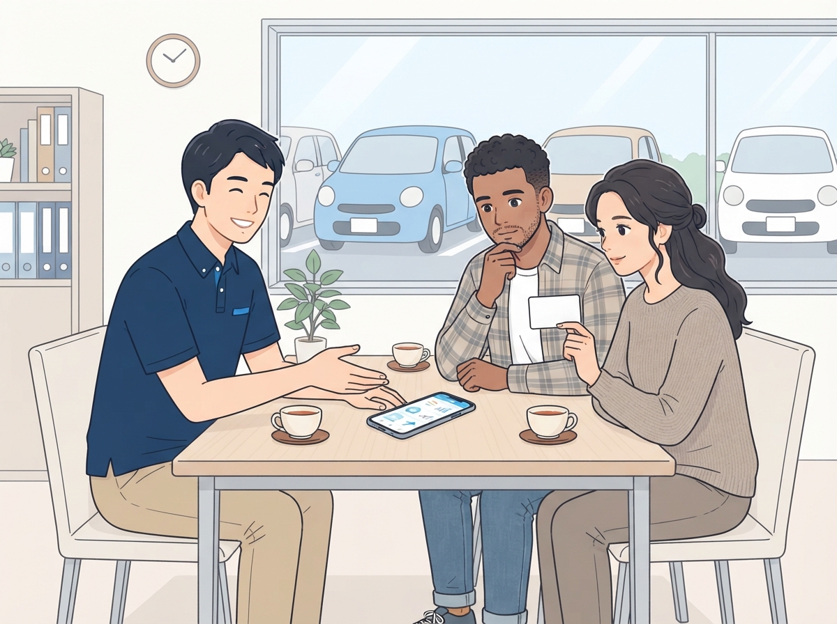 中古車店の商談の席で、外国籍の夫婦が日本人のスタッフとスマホと在留カードを見ながら車のローンについて落ち着いて相談している