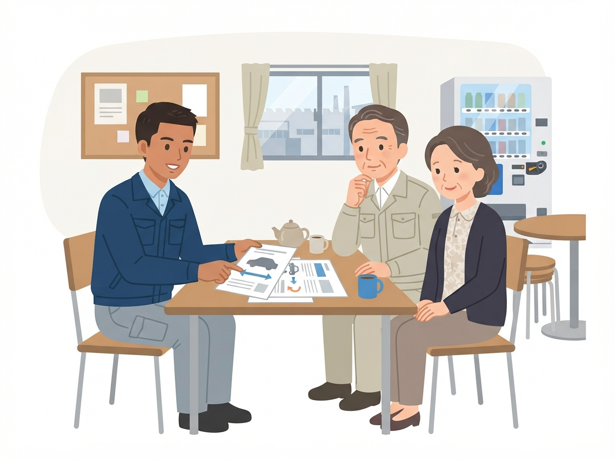 職場の休憩室で、外国籍の若い男性が年上の日本人の同僚夫婦に書類を見せて、車のローンの保証人について相談している