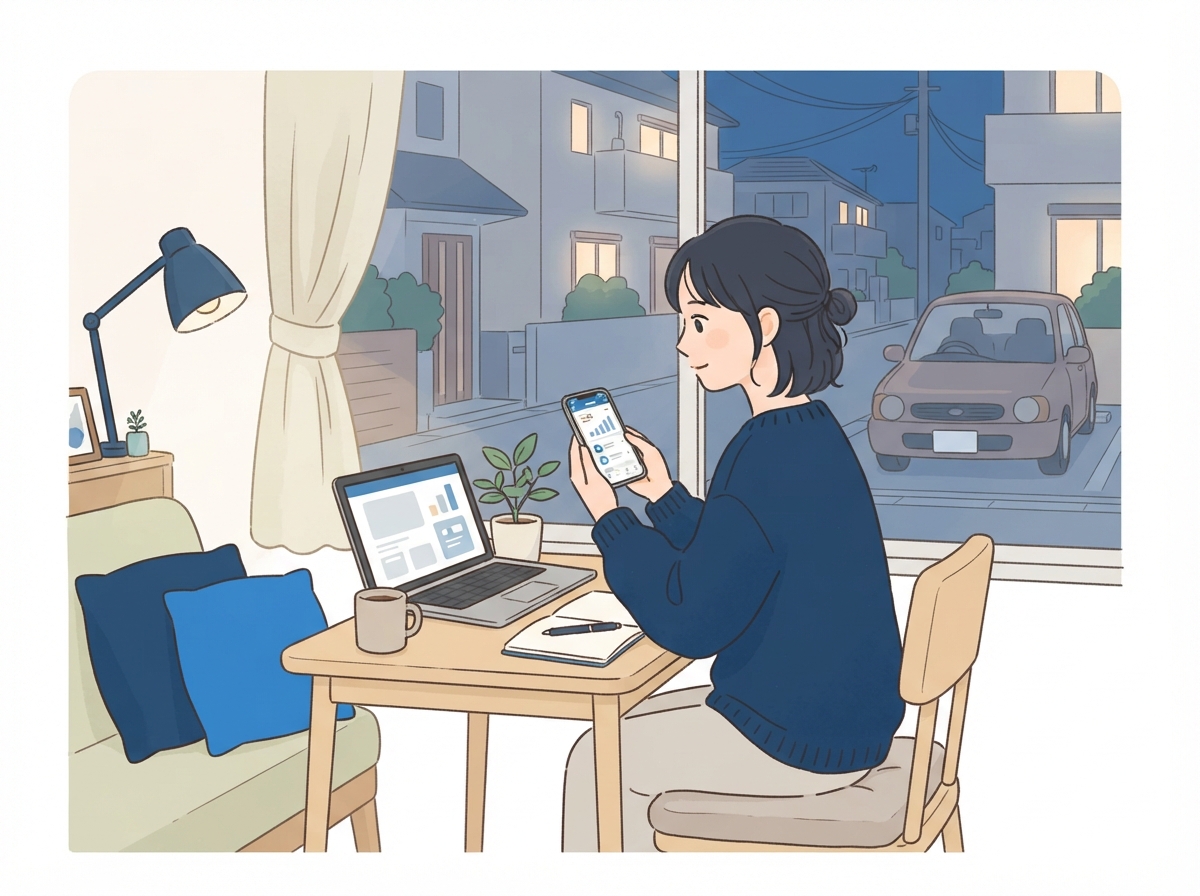 夜、自宅の机でノートパソコンを開き、スマホで入金を確かめながら車のローンを考えるフリーランスの女性