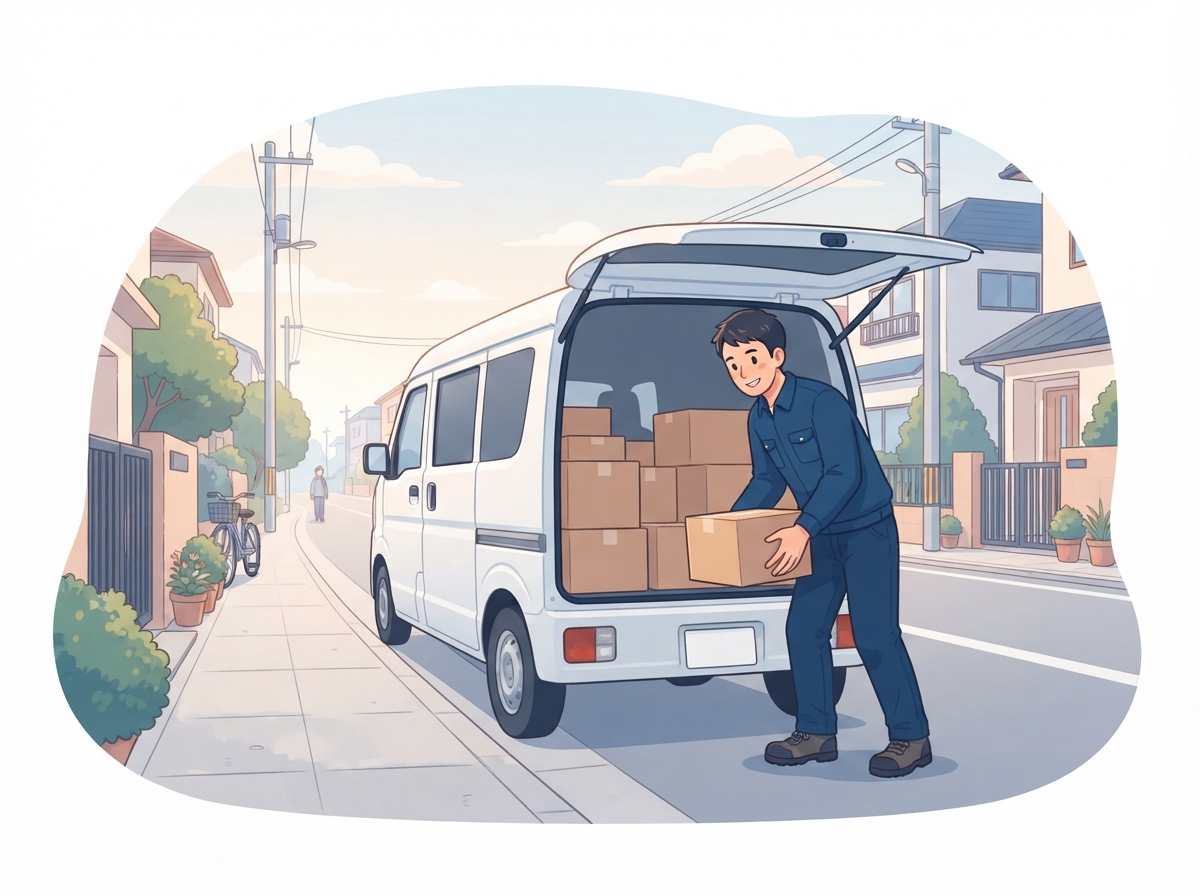 朝の住宅街で白い商用バンに荷物を積む軽貨物ドライバーの男性