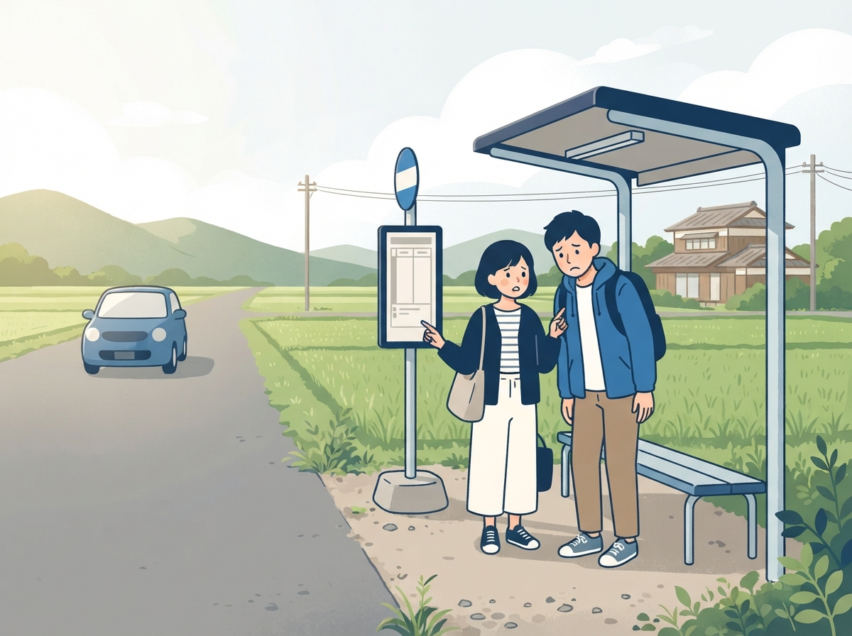 田んぼと低い山が見える郊外のバス停で、若い男女が時刻表を見て困っている