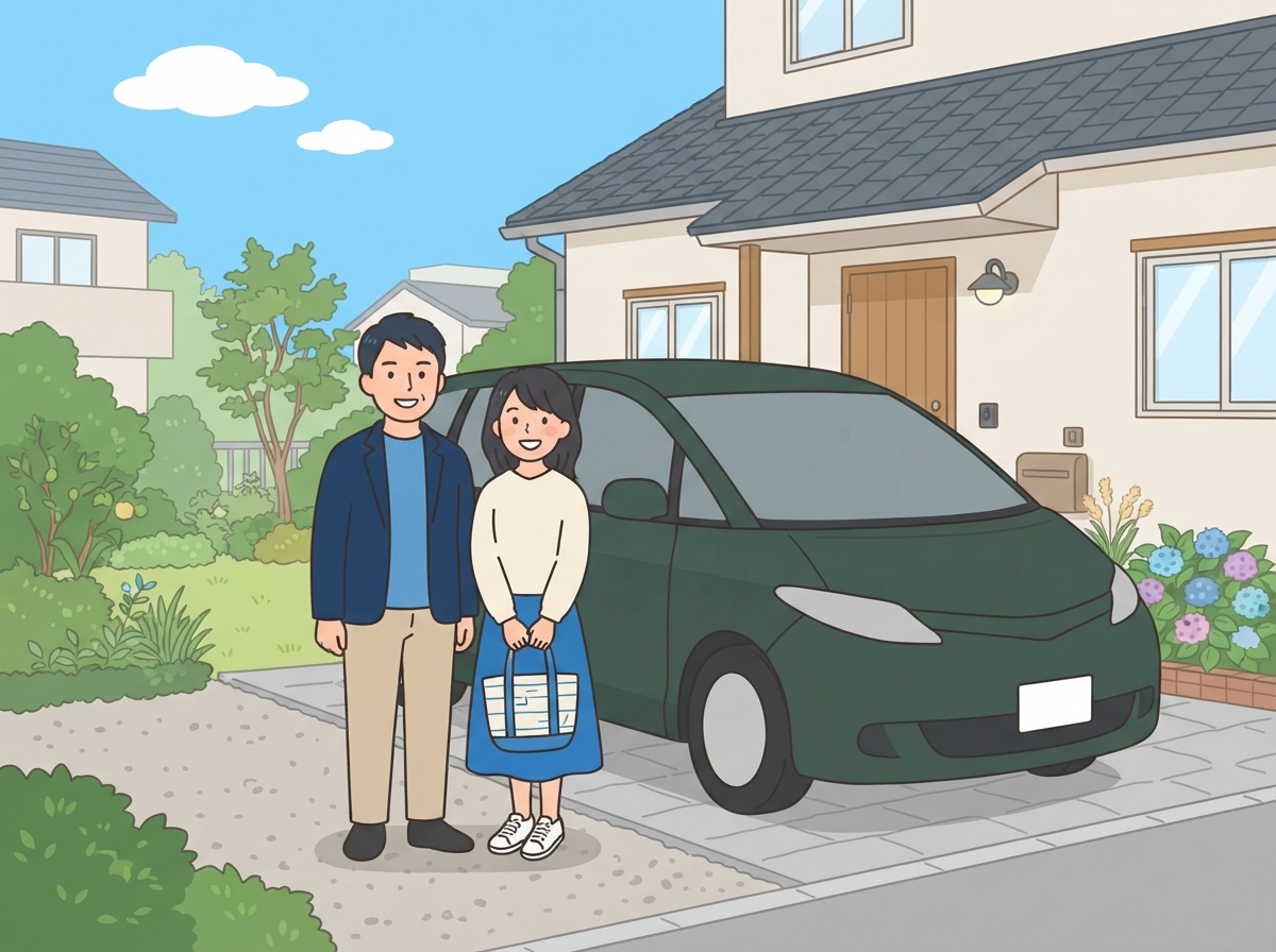 自宅の駐車場で大きなミニバンの横に並んで笑顔の夫婦