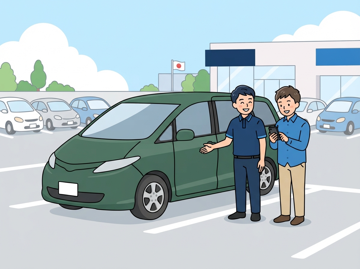 中古車店でスタッフと男性がミニバンを前にスマホを見ながら相談している様子