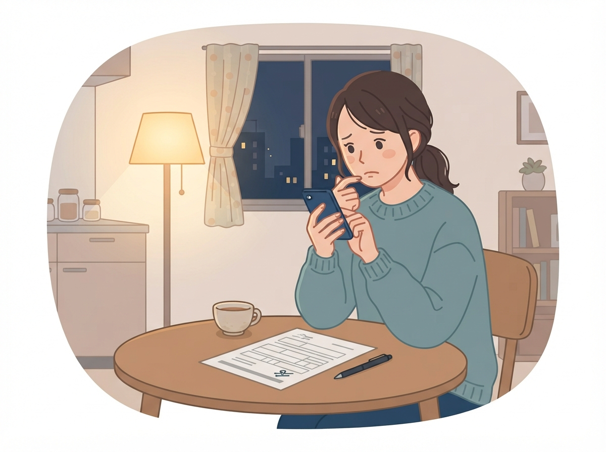 夜、自宅のテーブルで申込書を前にスマホを手に持ち、保証人を頼む電話をかけるか迷っている女性