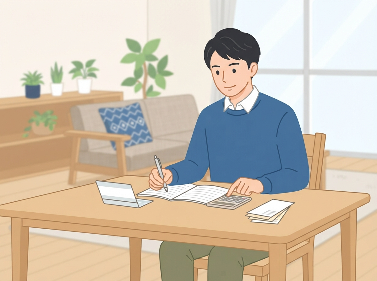 リビングのテーブルで電卓を使い、毎月の返済額をノートに書き出している男性