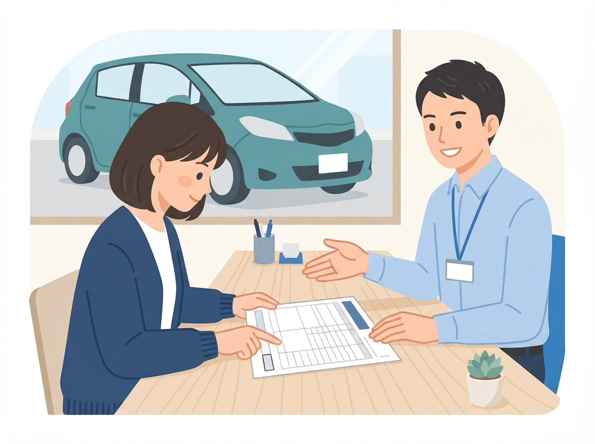 中古車店のテーブルで見積書の総額の欄を指さして確かめる女性と、説明するお店の人