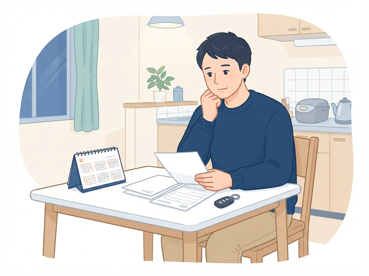 自宅のテーブルで、カレンダーと書類を見ながら、車のローンをいつ組めるか考えている男性