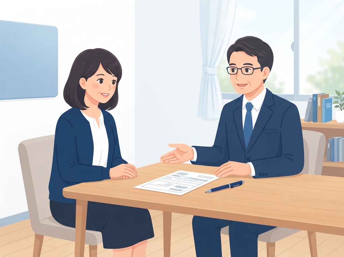 法律事務所で、弁護士に車の書類を見せながら、手続き中に車を買えるか相談している女性