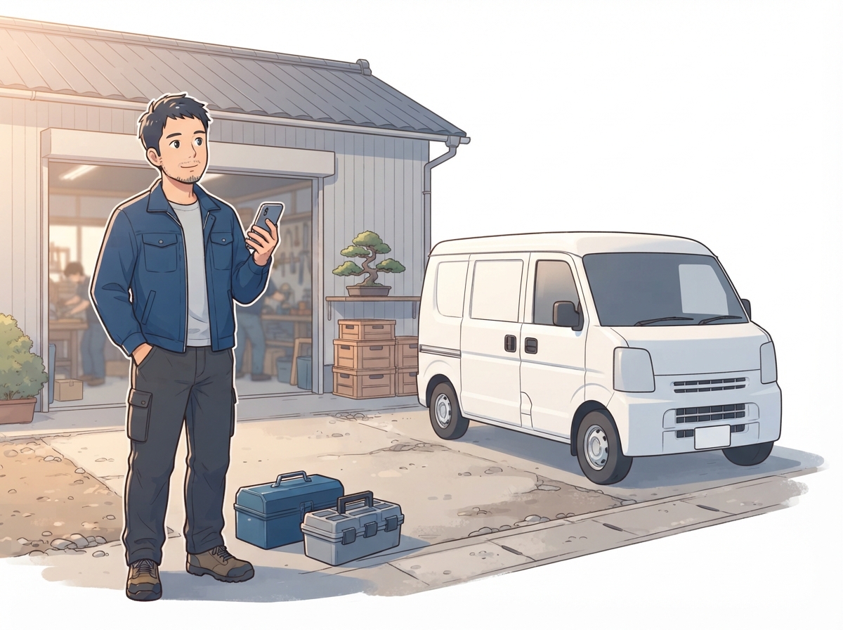 作業場の前で作業着の男性が白いバンの横に立ち、スマホを見ながら考えている