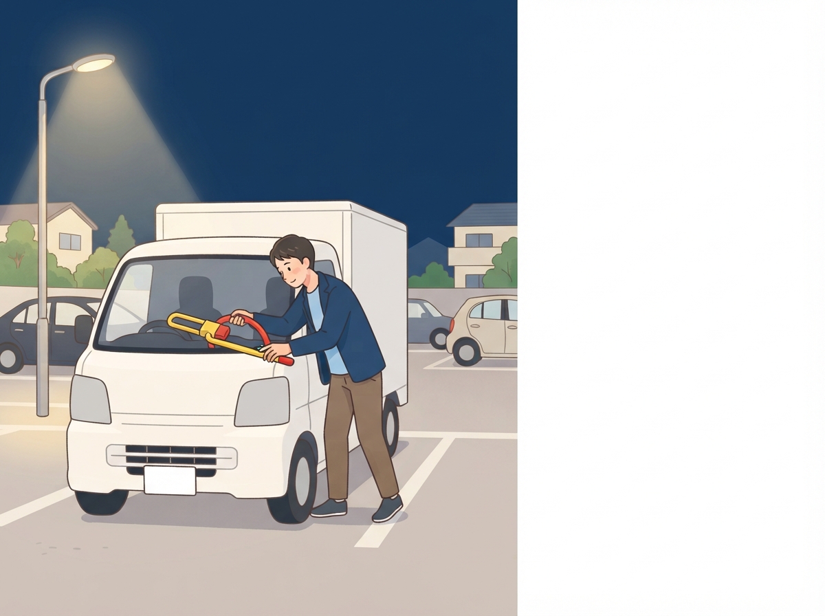 夜の駐車場で男性が白いバンのハンドルに盗難防止の道具を付けている