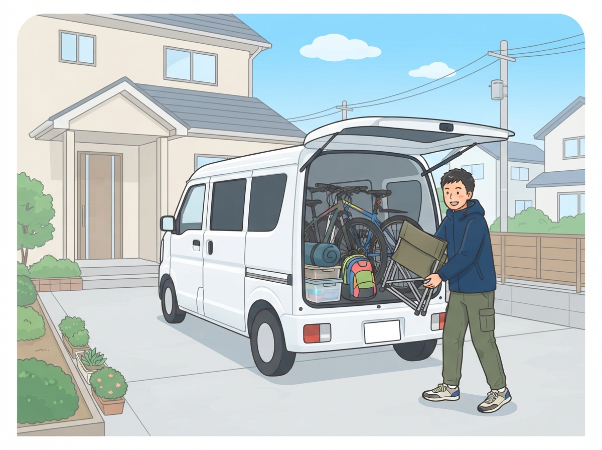 自宅の駐車場でハイエースバンの荷室に自転車やキャンプ道具を積み込む男性