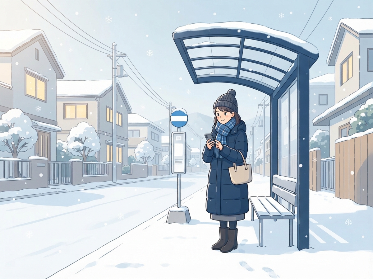 雪の積もった住宅街のバス停で、コートを着た女性がスマホを見ながらバスを待っている