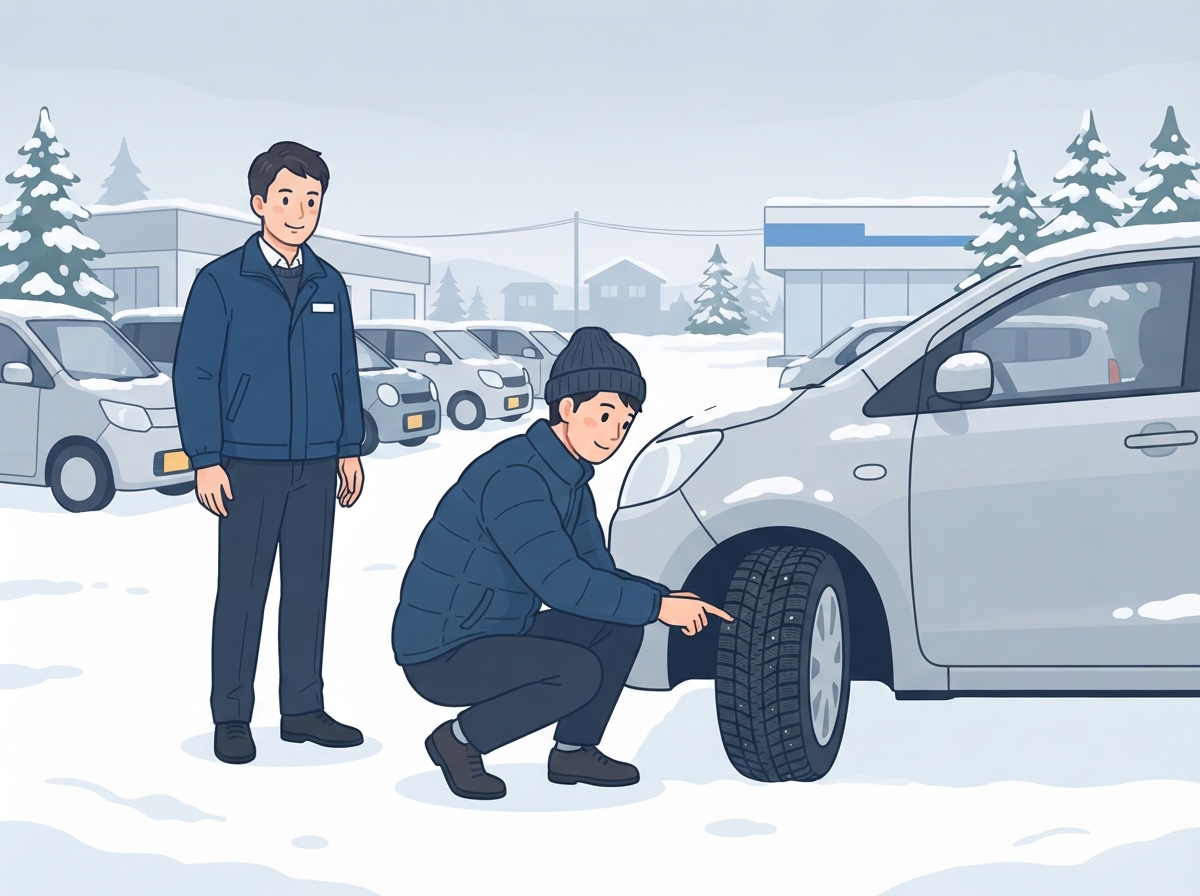 雪の中古車店で男性がしゃがんでスタッドレスタイヤの溝を指で確かめ、そばにスタッフが立っている