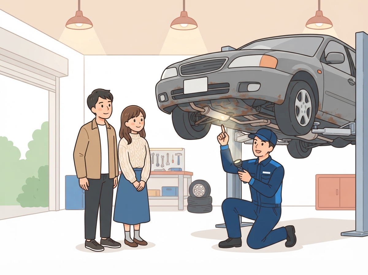 整備工場で整備士が持ち上げた中古車の下回りのさびをライトで照らし、夫婦に説明している