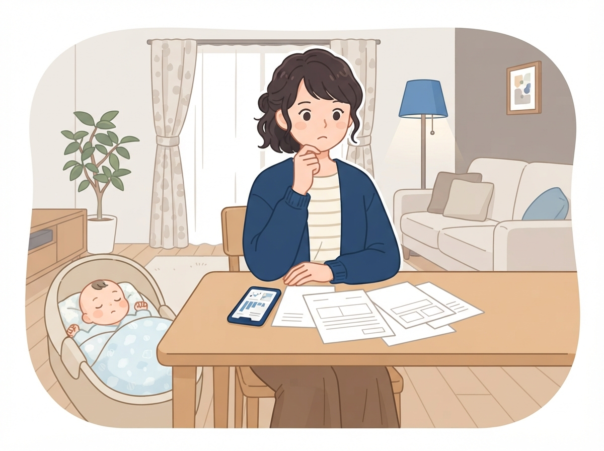 自宅のテーブルで、眠る赤ちゃんの横で書類とスマホを見ながら、育休中に車のローンを組めるか考えている母親
