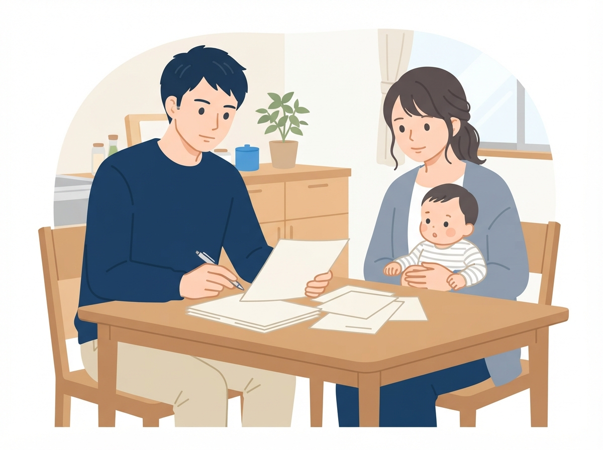 台所のテーブルで、赤ちゃんを抱いた妻と夫が、車のローンの書類を一緒に確かめている場面