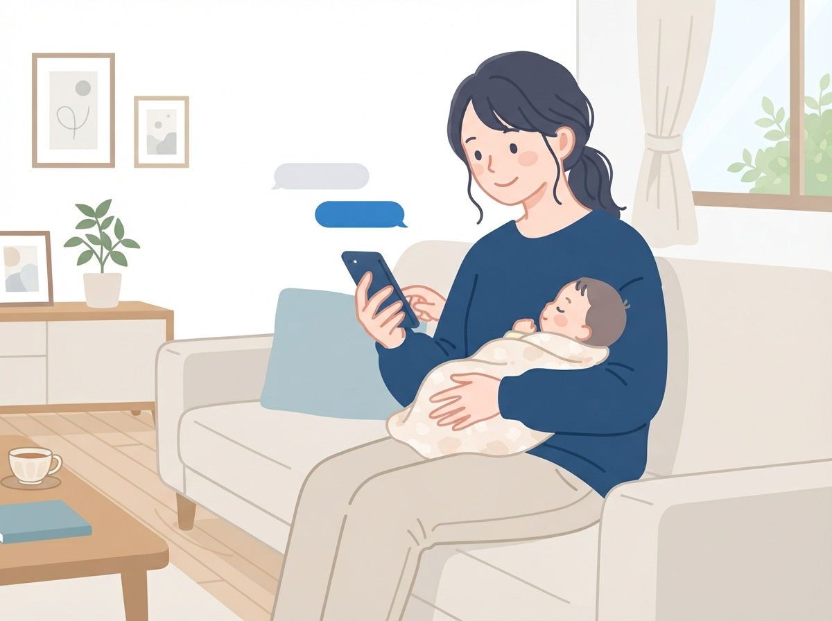 ソファで赤ちゃんを抱きながら、スマホで車のローンの相談のメッセージを送っている母親