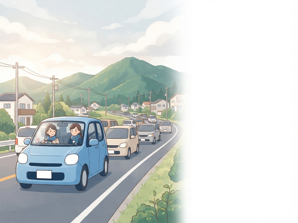 山の見える郊外の道で朝の通勤の車が並び、女性が落ち着いて運転している
