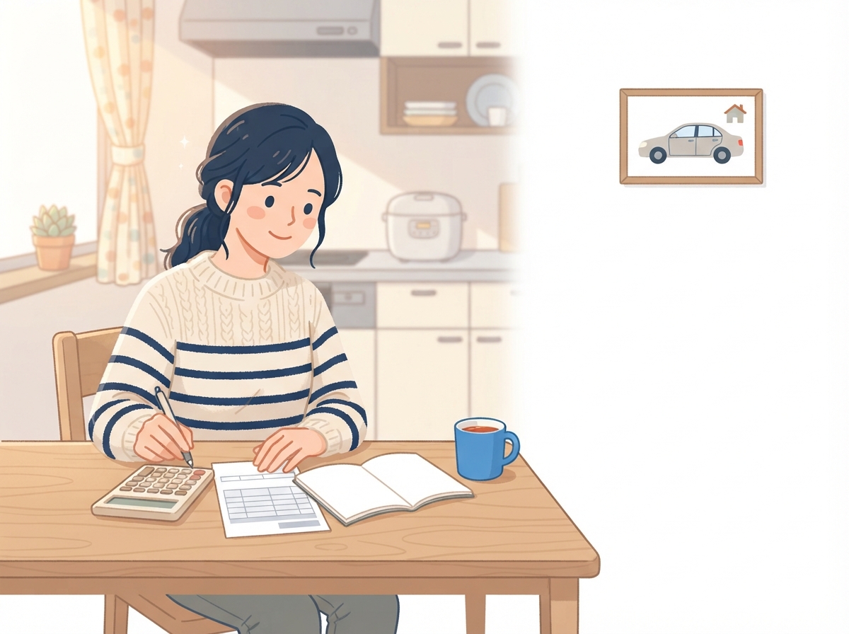 台所のテーブルで女性が電卓と給与明細を前に、車の月々の予算を考えている