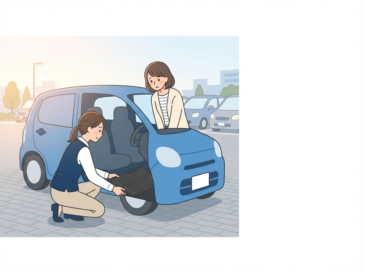 中古車店でスタッフが車の床のマットをめくり、女性と一緒に水につかった跡がないかを確かめている
