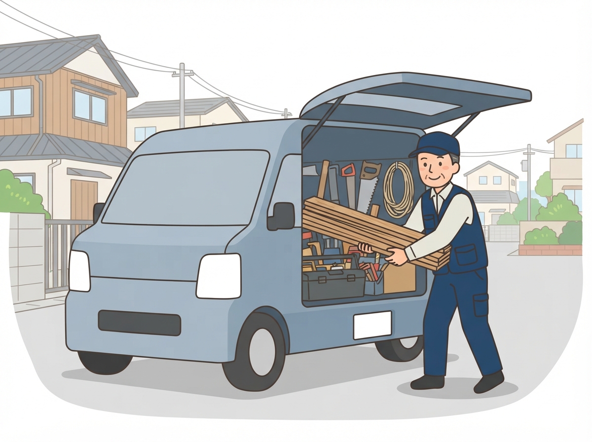 職人が商用バンの荷室に道具と木材を積み込む様子