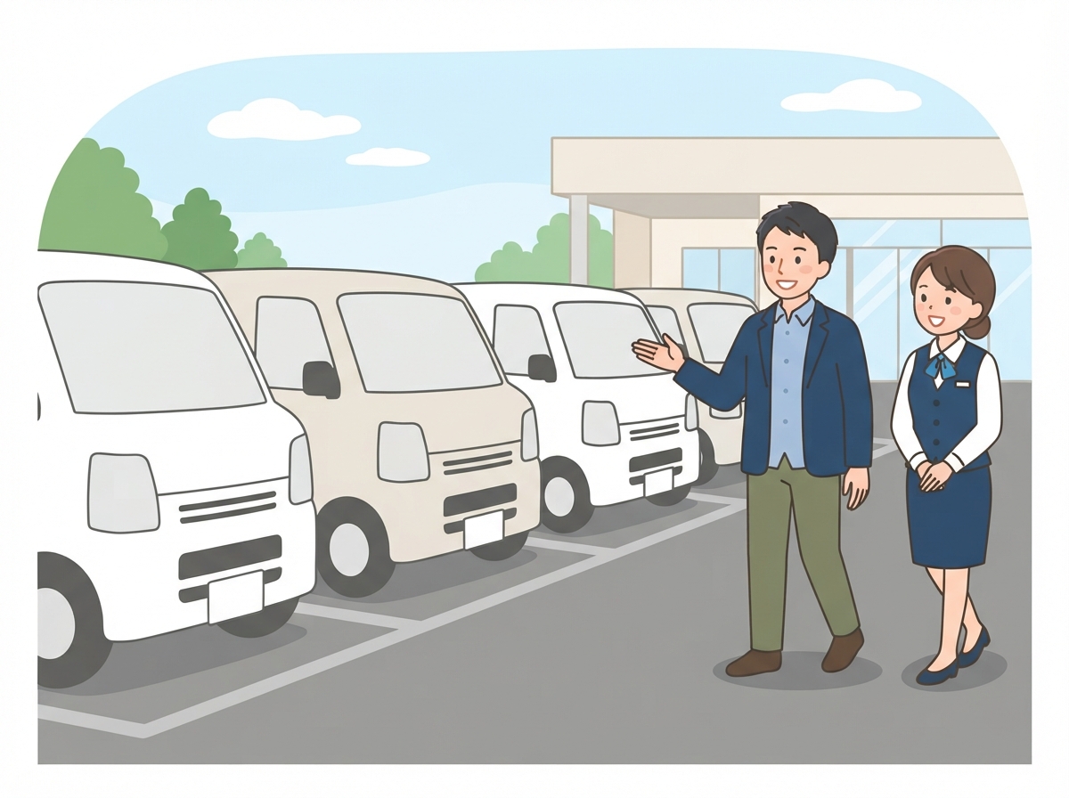 中古車店で商用バンが並ぶ列を見て回る男性とスタッフ