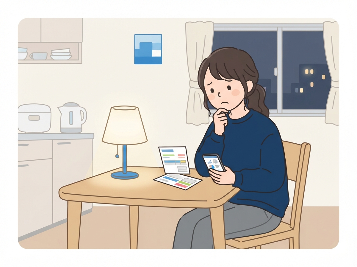 夜、自宅のテーブルで給与明細とスマホを見ながら、車のローンが通るか考えている女性