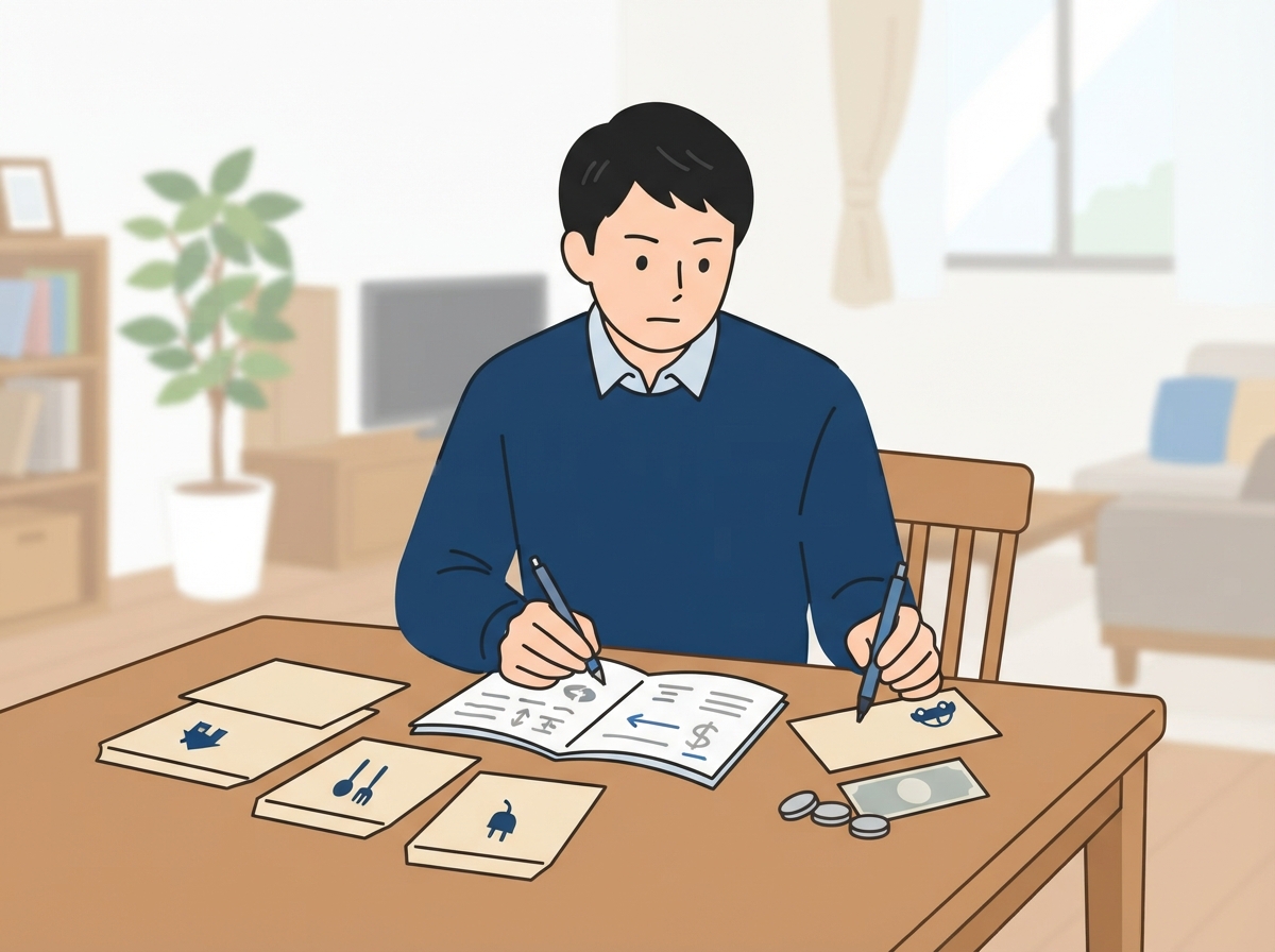 リビングのテーブルで家賃や食費の封筒を並べ、車に回せるお金をノートに書き出している男性