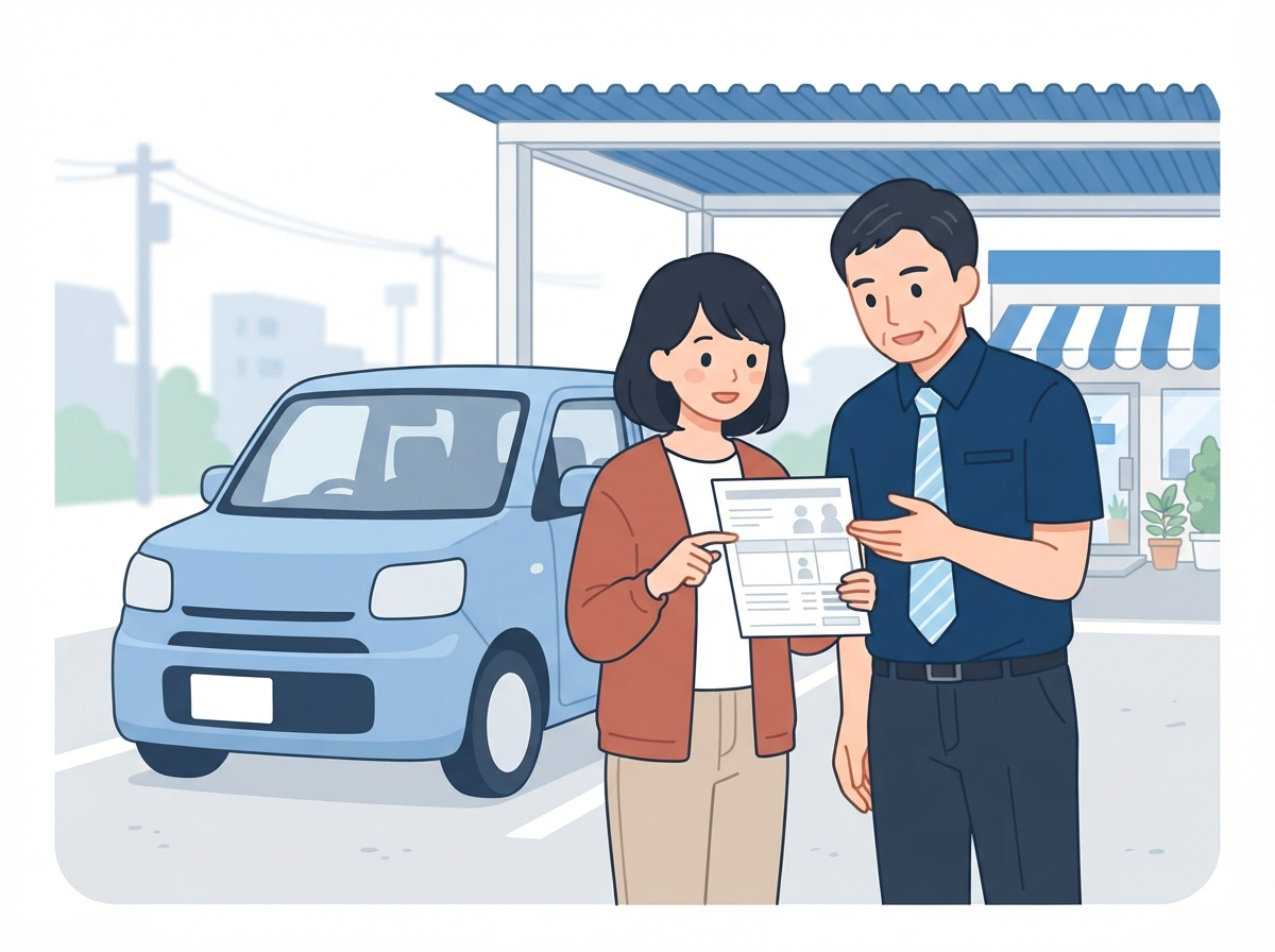 中古車店で軽自動車の前に立ち、お店の人と毎月の支払いの計画を見ている女性