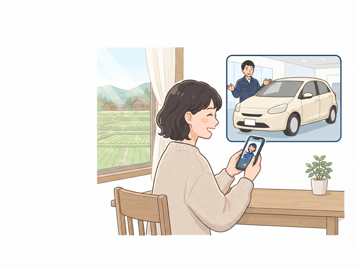田舎の家で若い女性がスマホのビデオ通話で、遠くの中古車店のスタッフに車を見せてもらっている
