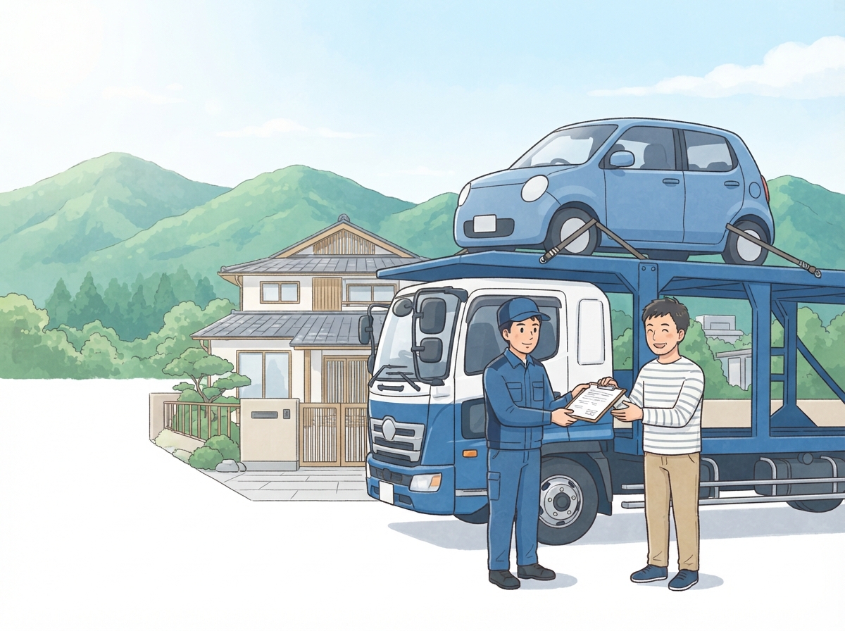 田舎の家の前に車を積んだ陸送のトラックが止まり、運転手が男性に書類を渡して車を受け取っている