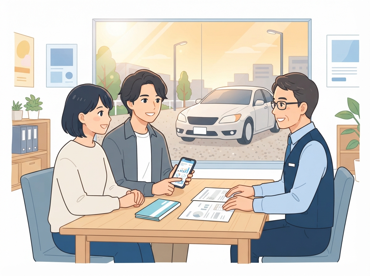 中古車店の商談の席で、若い女性と男性がスタッフに通帳や書類とスマホを見せながら、車のローンについて落ち着いて相談している