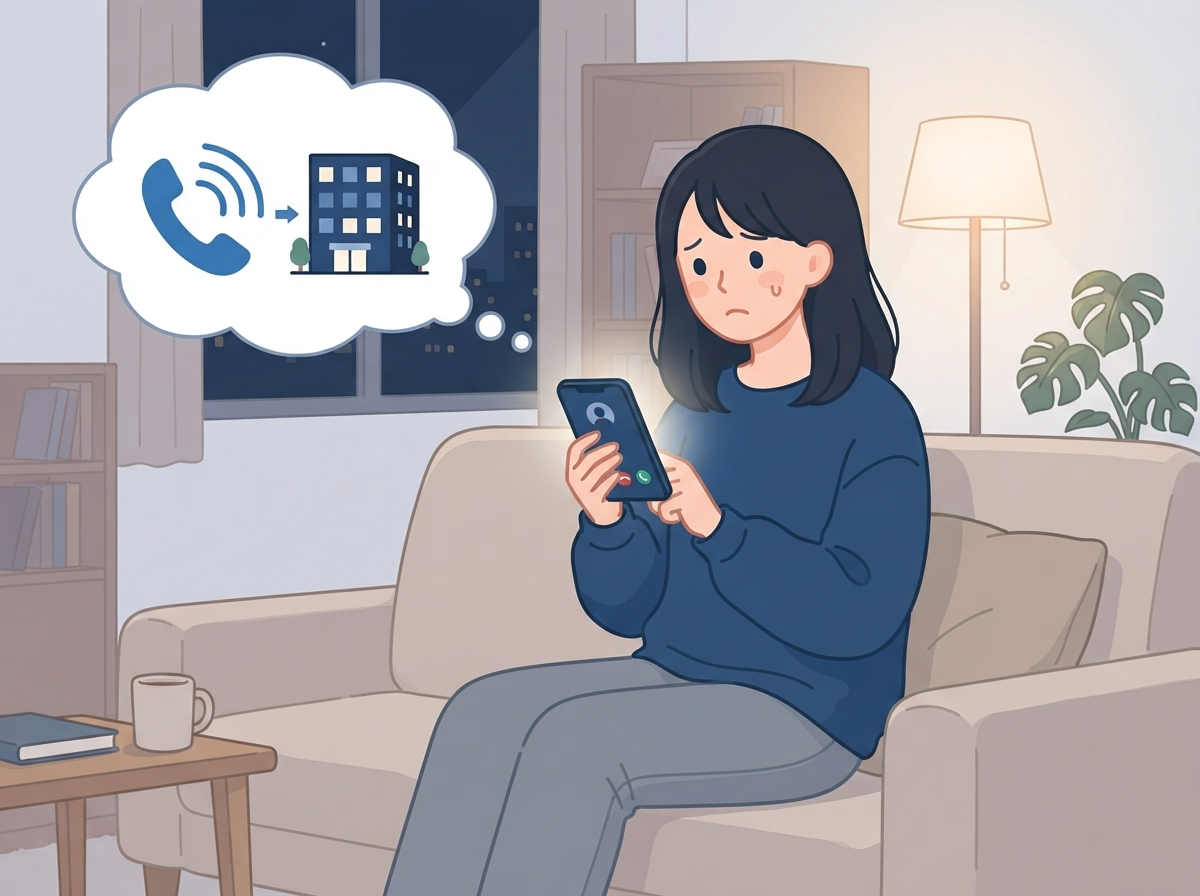 夜、自宅のソファで若い女性がスマホを見ながら、勤め先に確認の電話が行くのではないかと心配している
