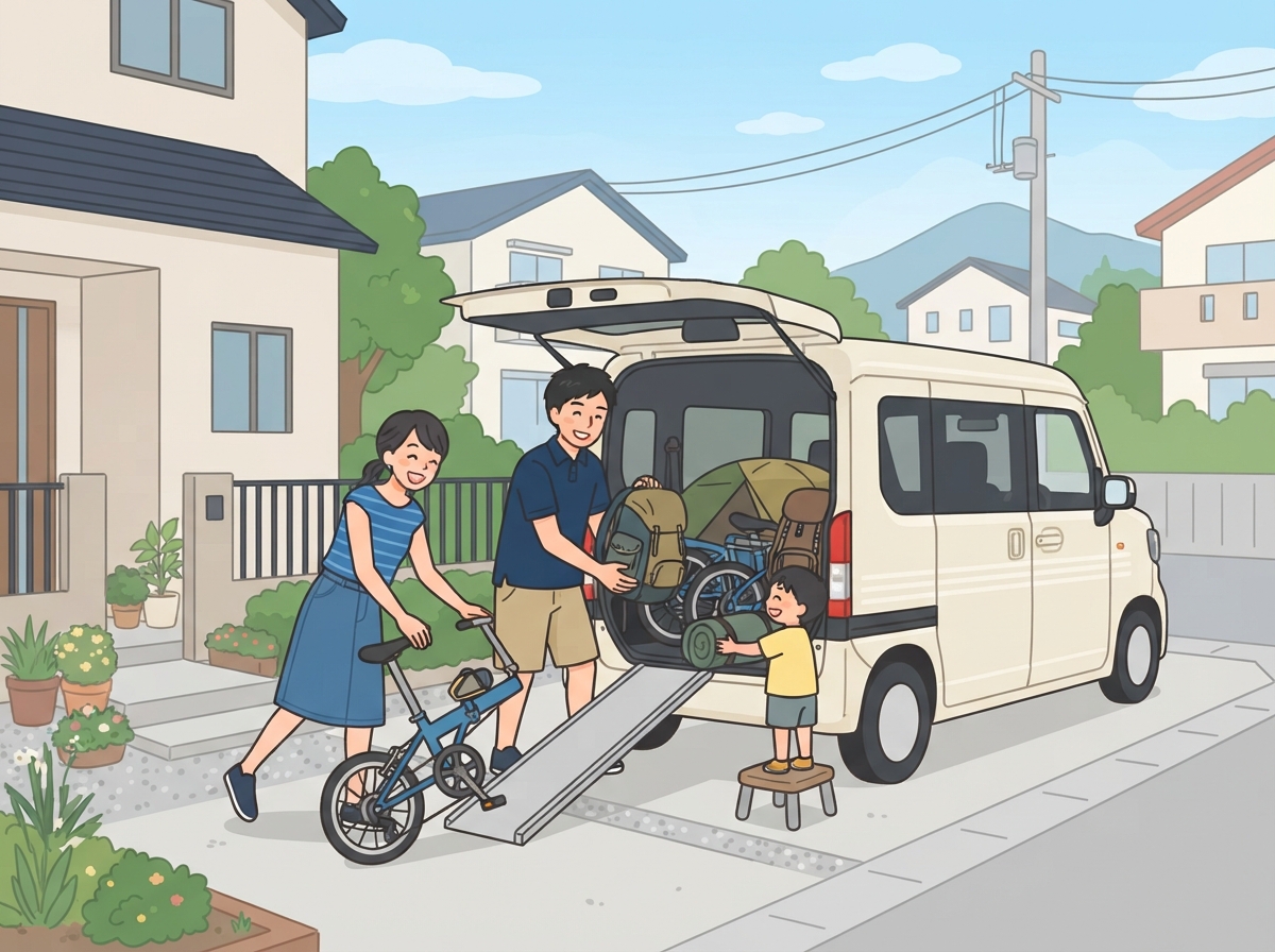 家族で箱型のワゴンにキャンプ道具と自転車を積み込む様子
