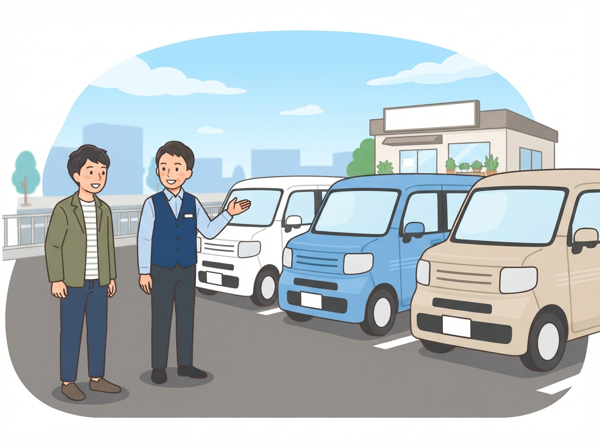 中古車店でスタッフに案内されながら箱型のワゴンを見比べる男性
