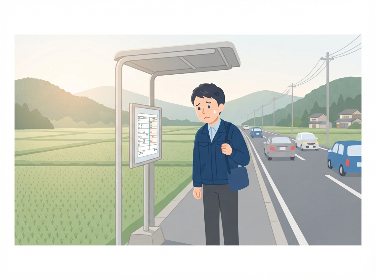 田んぼと山に囲まれた朝のバス停で、作業着の男性が便の少ない時刻表を見て困った顔をしている