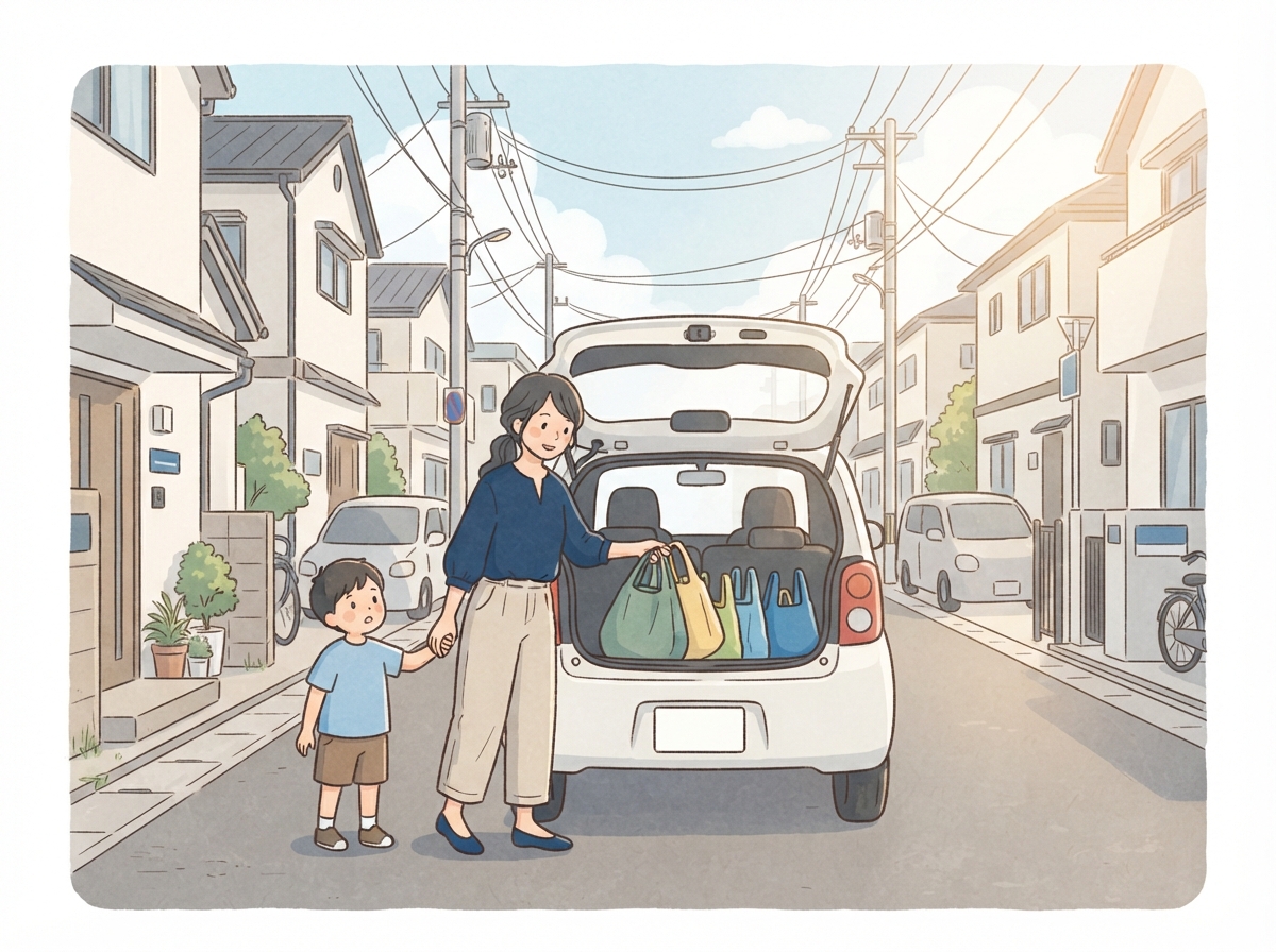 住宅街の細い道で、母親が白い軽自動車に買い物袋を積み、子どもが手をつないでいる