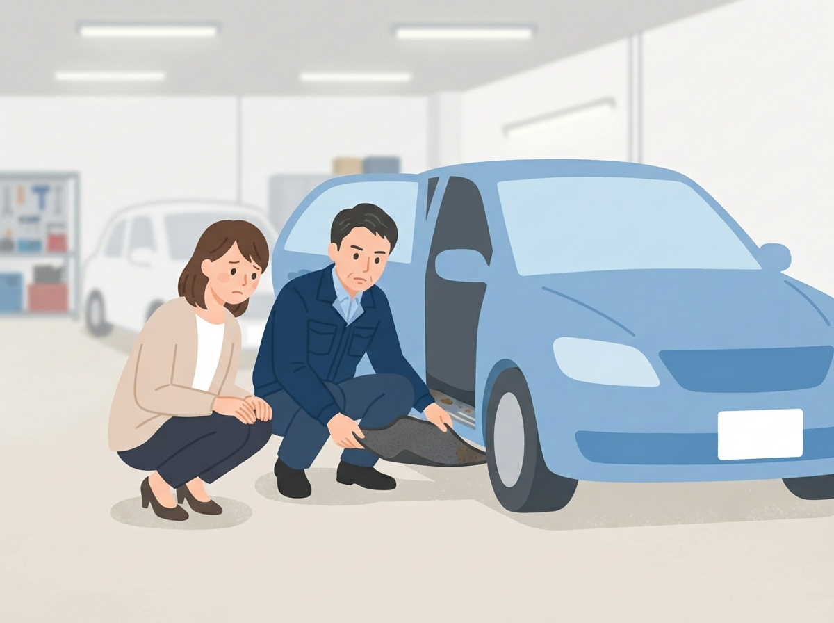 中古車店でスタッフと女性客がドアを開けた車の横にしゃがみ、床のマットをめくって泥やさびがないかを確かめている