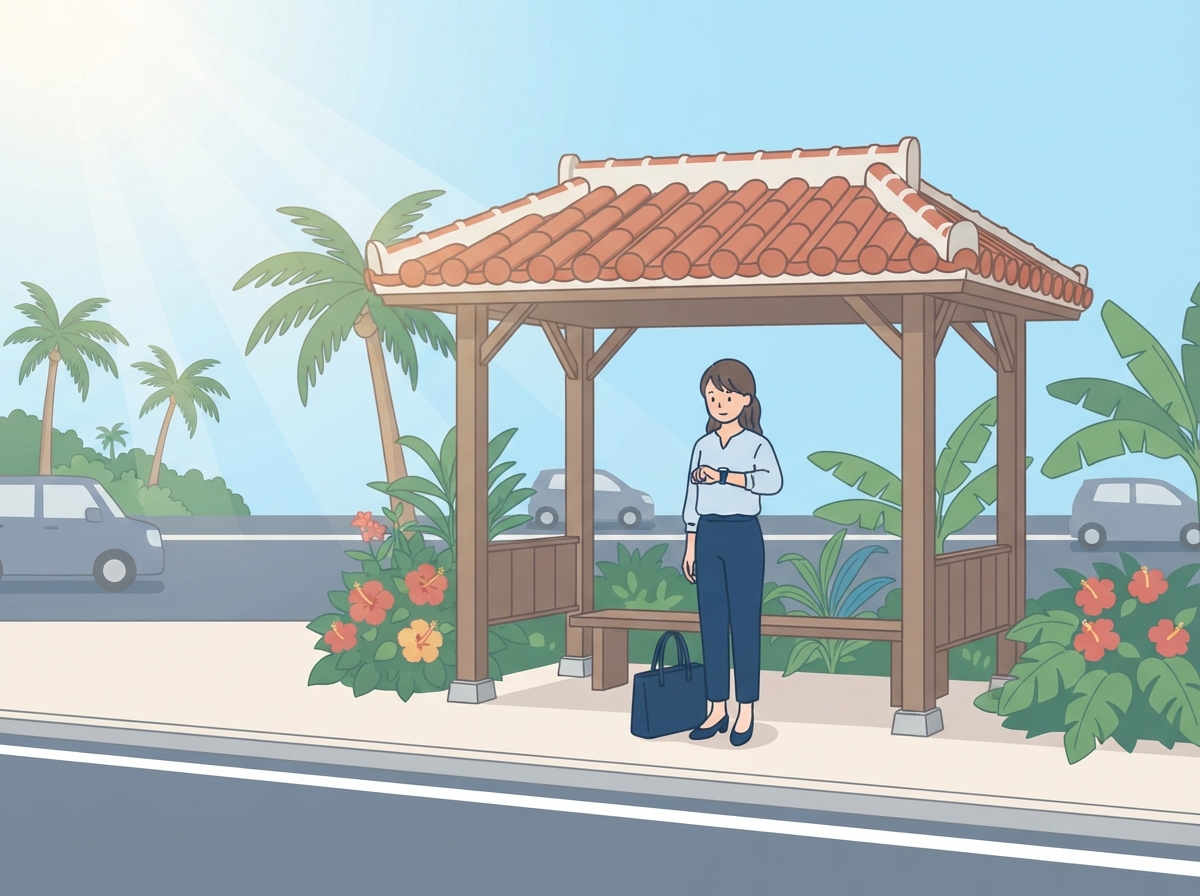 日差しの強い沖縄の道ばたのバス停で、仕事着の女性が時計を見ながらバスを待っている