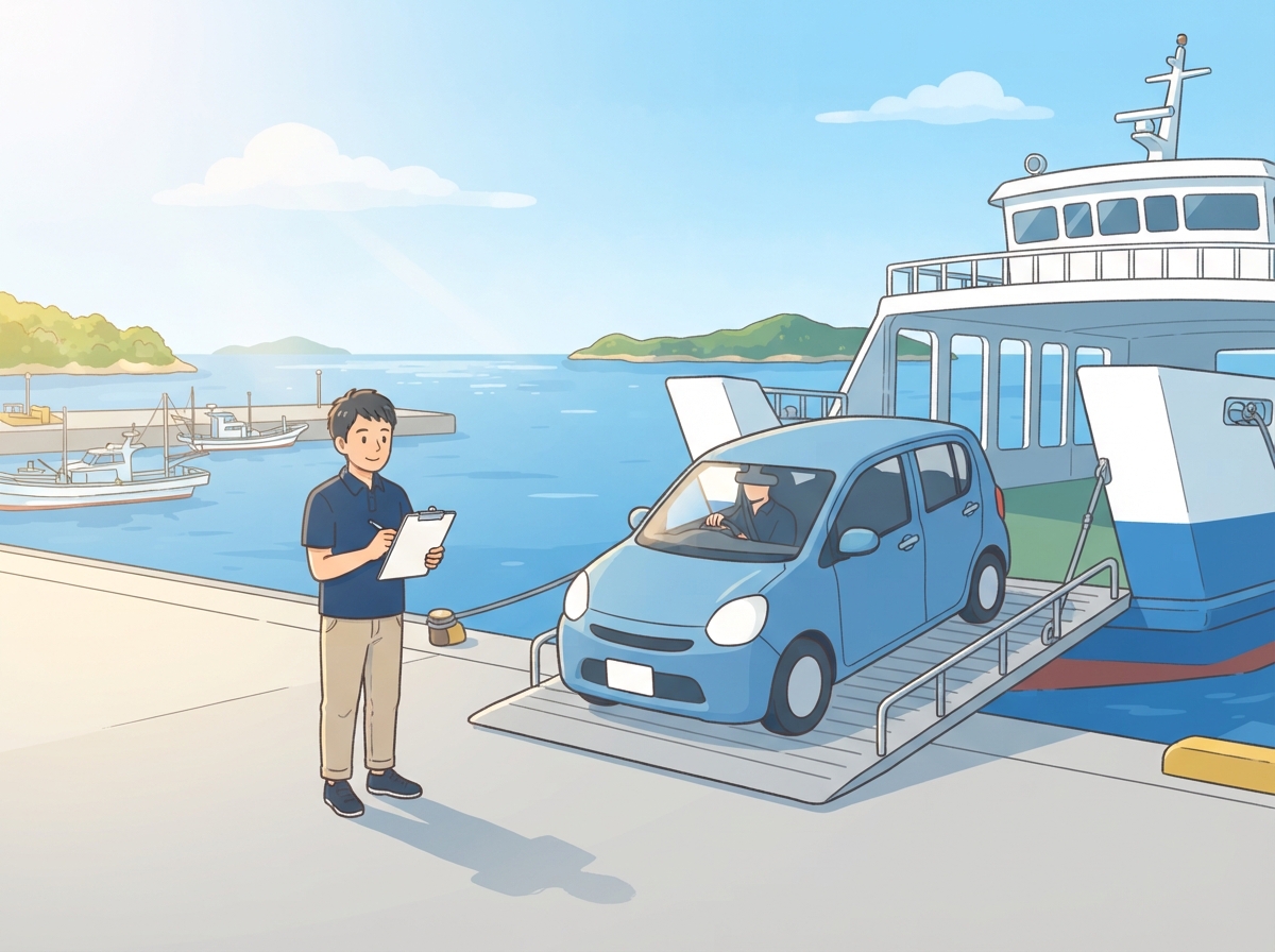 港で小さな車がフェリーに積みこまれ、書類を持った男性が岸壁から見ている