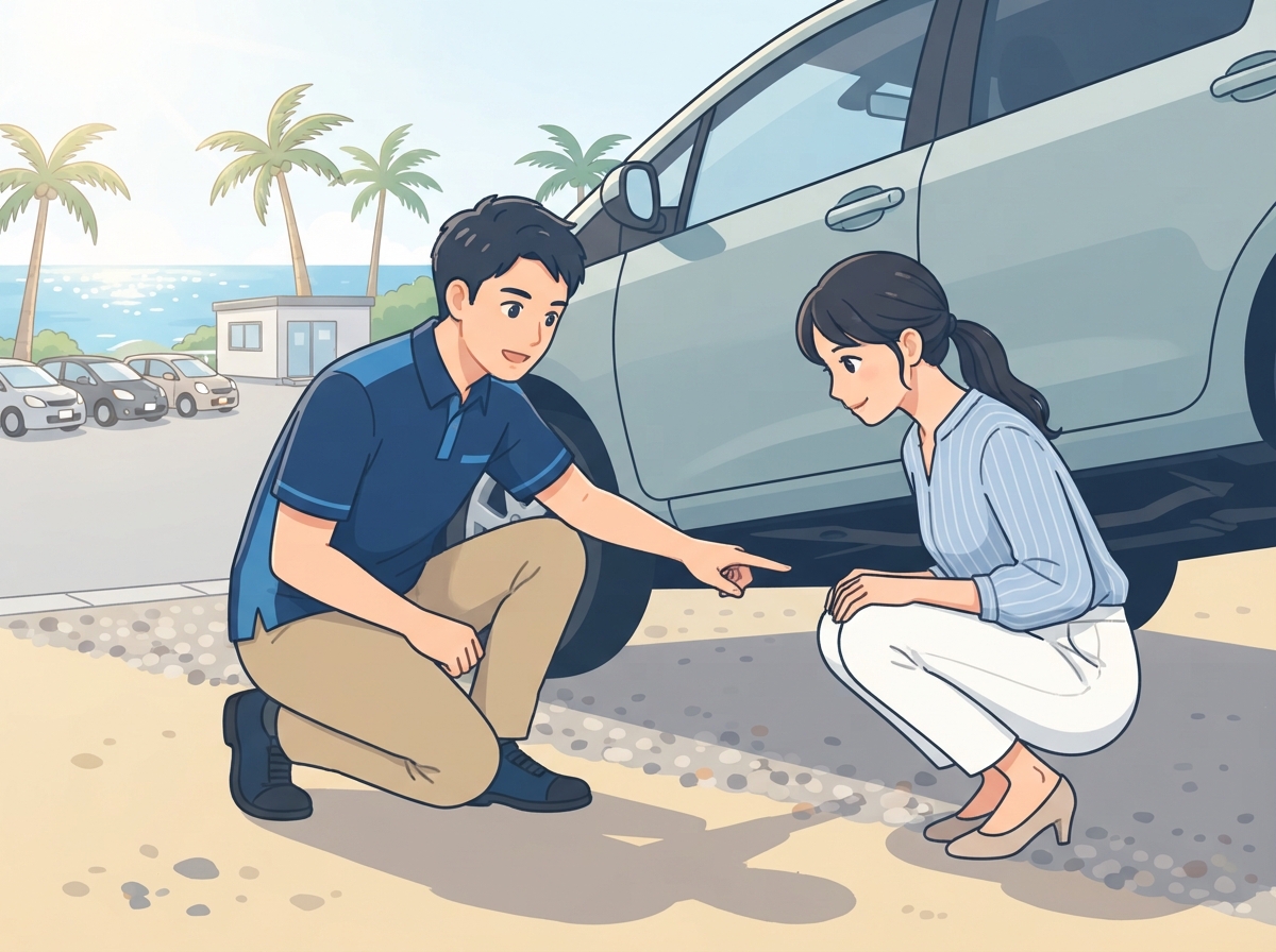 海の近くの中古車店でスタッフと女性がしゃがみ、中古車の下回りにさびがないかを確かめている