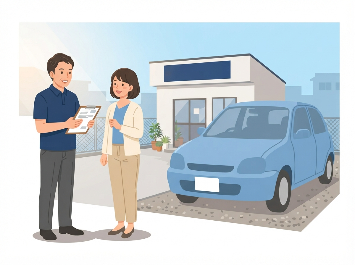 中古車店の駐車場で、スタッフと女性のお客さんが年式の古いコンパクトカーの横で書類を見ながら落ち着いて話している