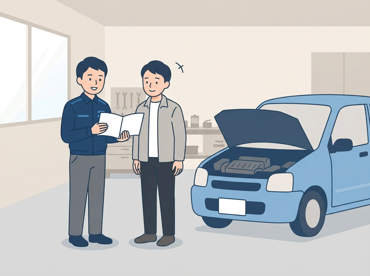 中古車店の整備場で、スタッフがボンネットを開けた古い小型車の横でお客さんに整備の記録簿を見せている