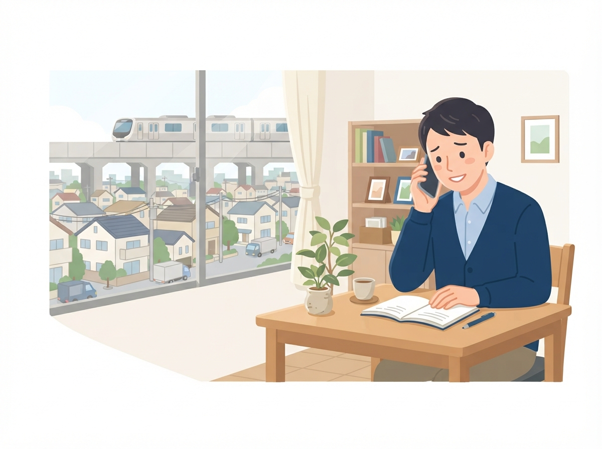 高架の線路が見える街のマンションで、男性がノートを広げてスマホで車のローンの相談をしている
