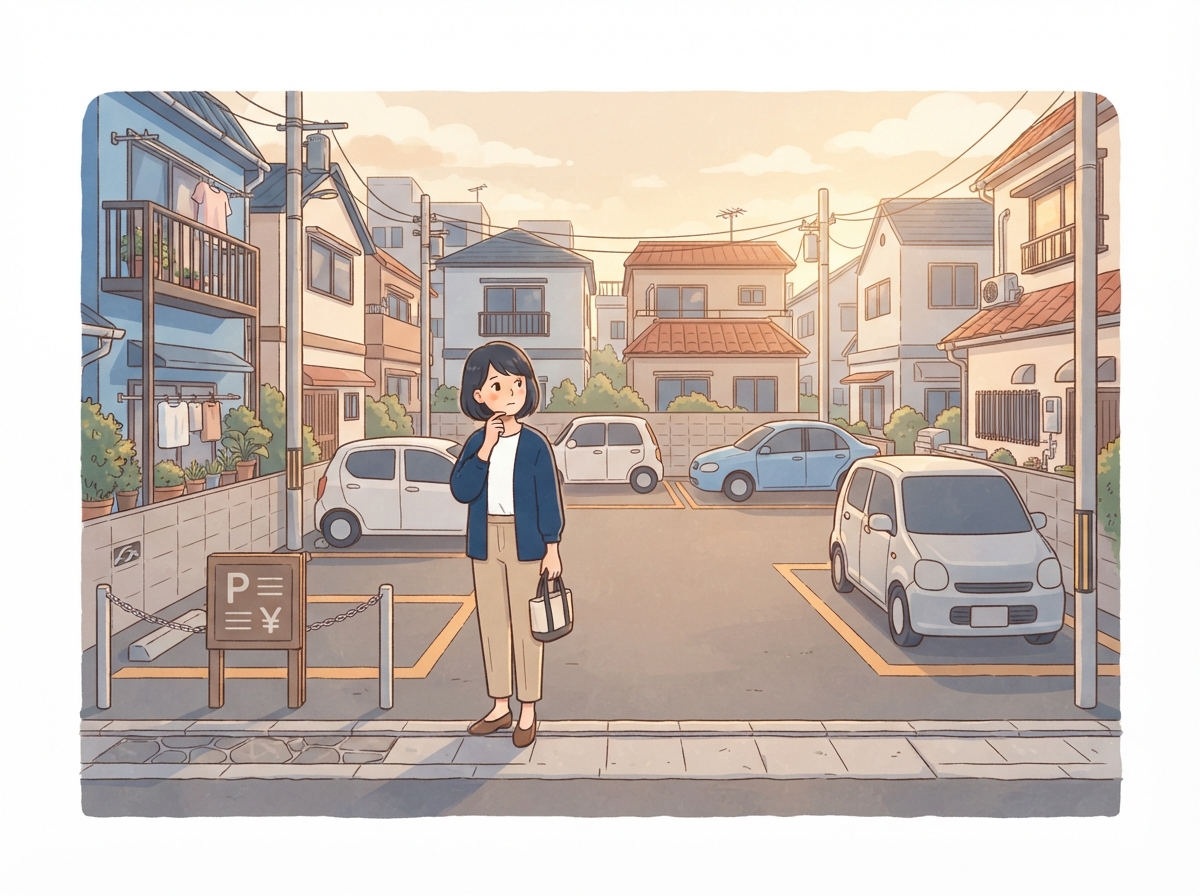 家が建て込んだ街の小さな月極駐車場の前で、女性が空いている区画を見ながら費用を考えている